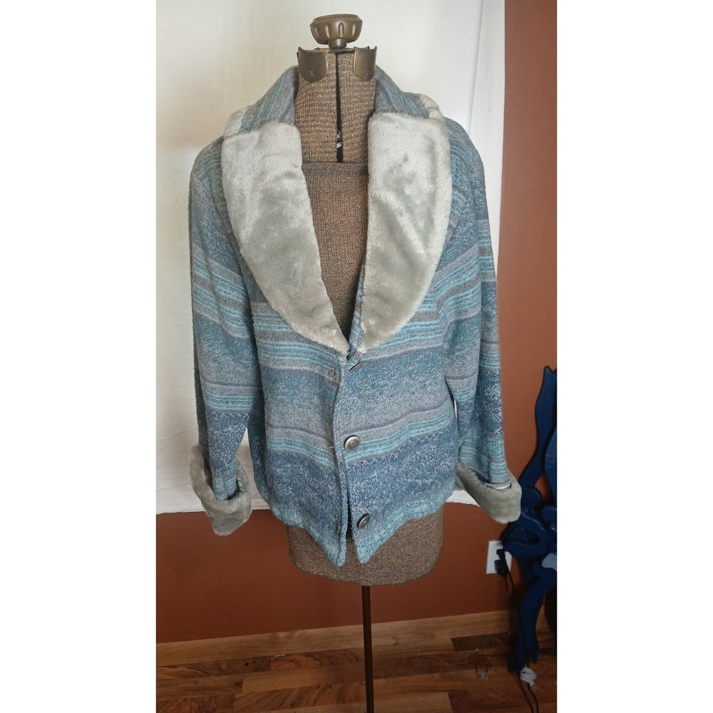 Vintage Blue Grey Stripe Wool Blend Jacket Faux Fur Collar Button Front Large